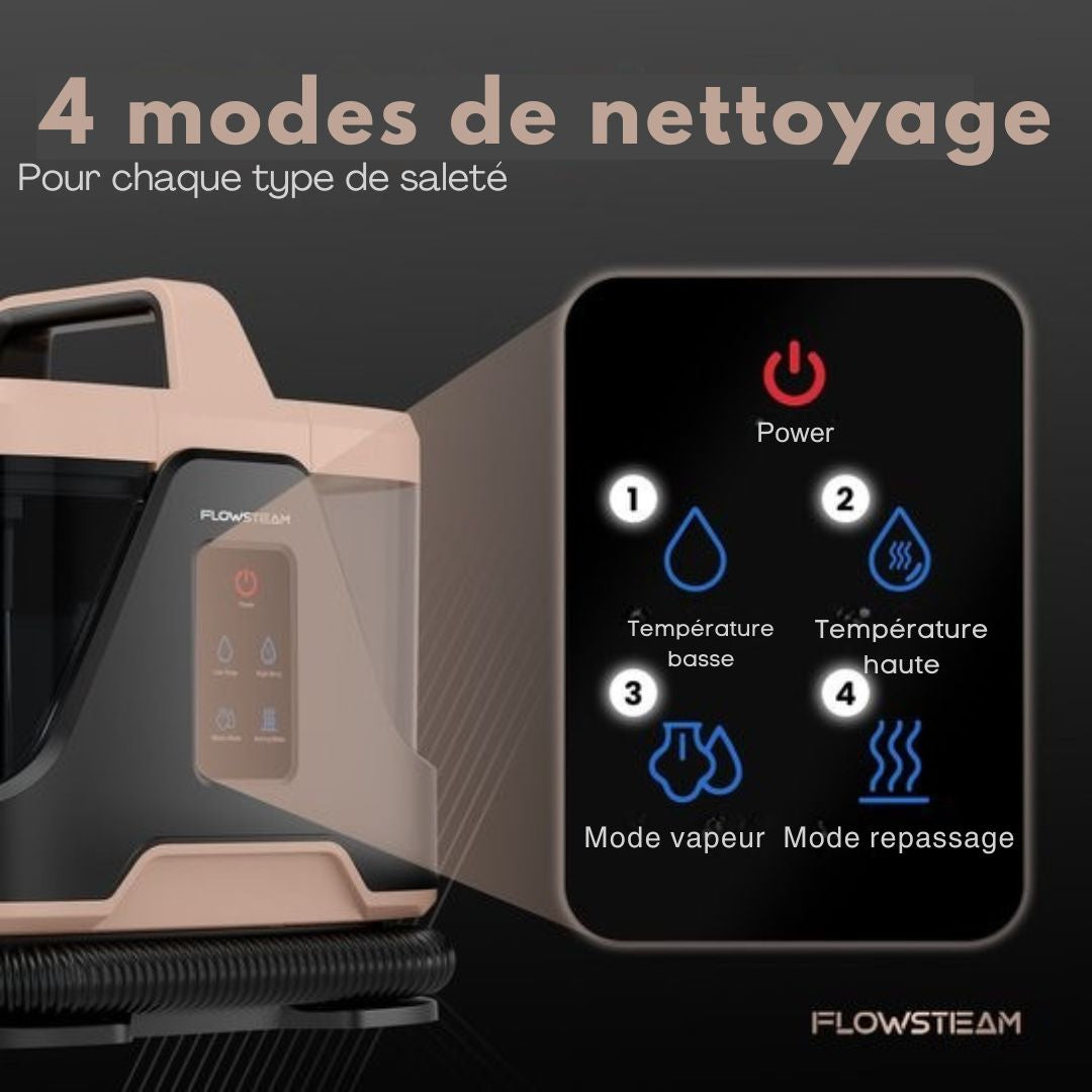 Nettoyeur de tapis 6 en 1 - FLOWSTEAM®  - Nettoyeur de taches - sièges - Vapeur à 100°C - 4 modes de vapeur - 90 minutes de vapeur - Cordon de 5M - blanc/noir