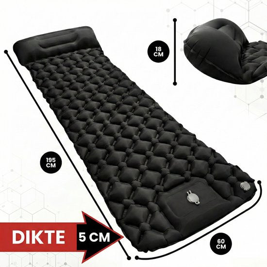 Outbee Matelas de couchage autogonflant - Lit gonflable avec pompe à pied et oreiller intégrés - 1 personne - Matelas de couchage autogonflant - Matelas gonflable avec support - 195x60x5 cm - Noir