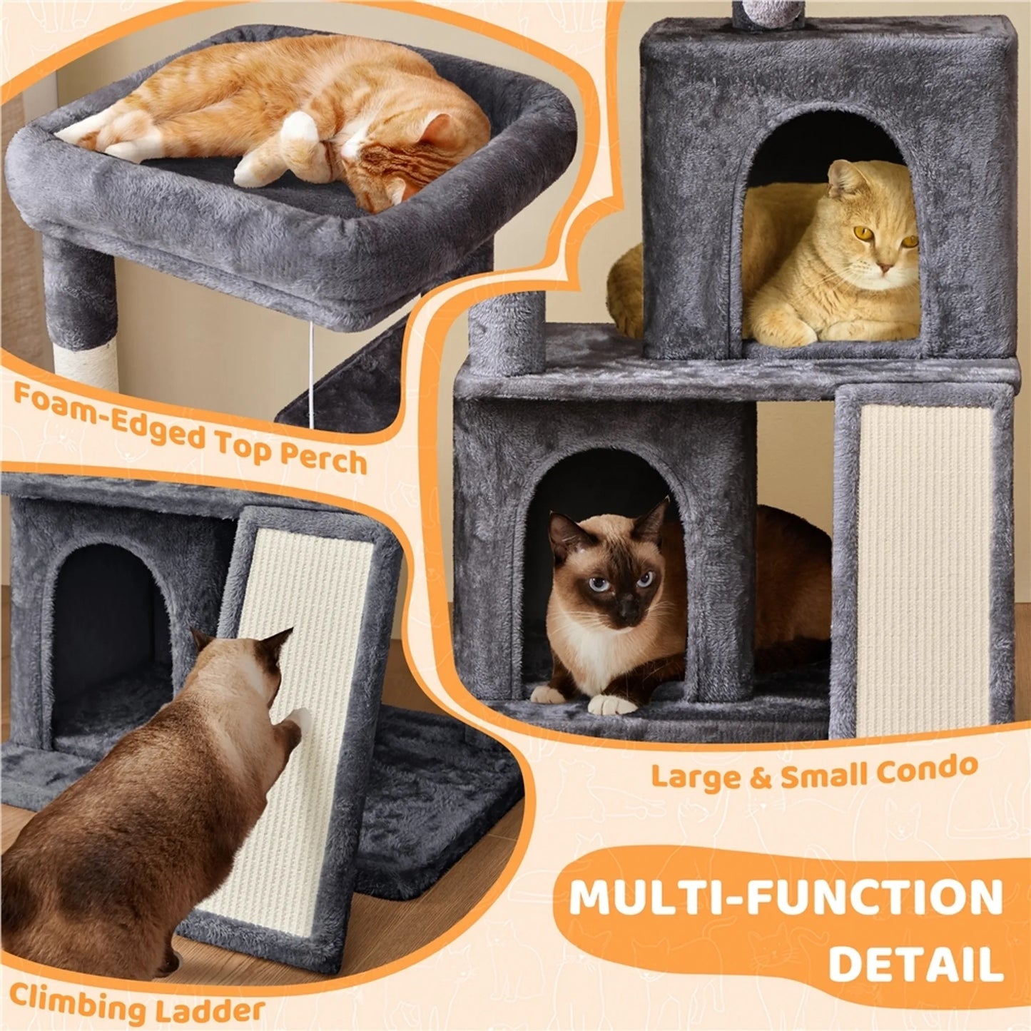 Yaheetech Cat Post With Two Cat Houses - Equipped With Viewing Platform And Scratching Board And Sisal Pole And Play Ball - For 1-2 Small To Medium Cats - Dark Grey Plush And Sisal - 60 x 45 x 106 cm
