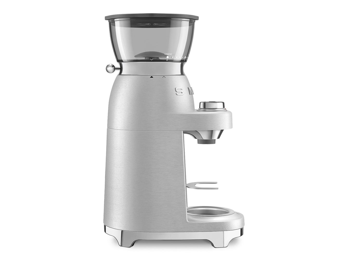 Moulin à café Smeg en aluminium CGF02SSEU – Meule conique avec 50 niveaux de mouture – Argent / Acier inoxydable