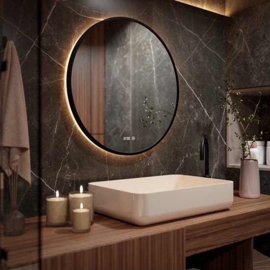 Miroir de salle de bain Mirlux - Eclairage et chauffage LED - Anti condensation - mural rond - 80CM - Noir mat