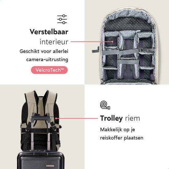ONYX Sacoche pour appareil photo avec compartiment pour ordinateur portable - Sac à dos pour appareil photo reflex - Résistant aux éclaboussures - Drones - Sac de voyage rigide - Beige