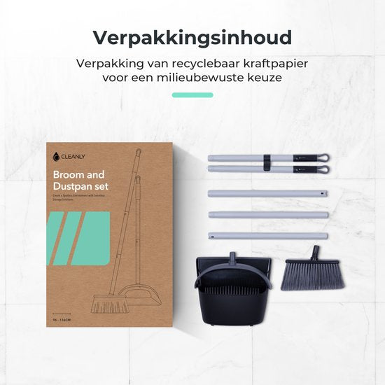 CLEANLY Pelle à poussière et brosse avec long manche 134 cm - Balai pour l'intérieur et l'extérieur - Fibres de brosse innovantes - Noir, Gris