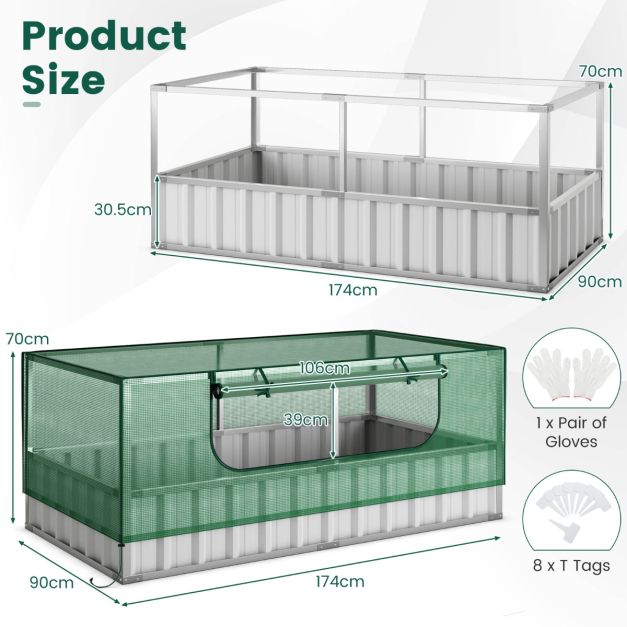 Coast Mini Greenhouse Green/Silver - Lit de jardin surélevé avec porte enroulable, gants et 8 étiquettes en T - 174 x 90 x 70 cm
