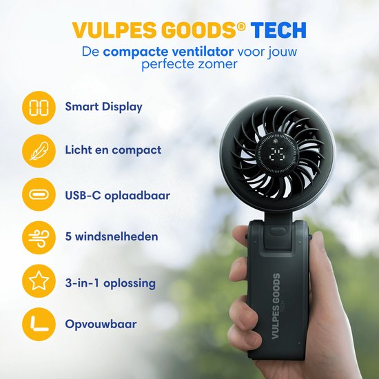 Vulpes Goods® Tech - Hand Fan PRO 3in1 - Rechargeable et portable - Mini ventilateur USB sans fil - Ventilateur de cou - Moteur puissant - 4000 mAh - 5 vitesses - Design pliable - Jusqu'à 14 heures de refroidissement - Cordon de transport inclus