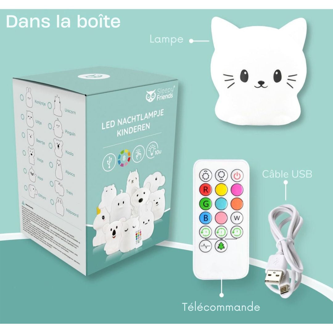 Veilleuse Chat pour enfants Sleepy Friends - 8 Couleurs - Rechargeable par USB - Dimmable - 95.2 x 97.4 x 100 mm - Gris