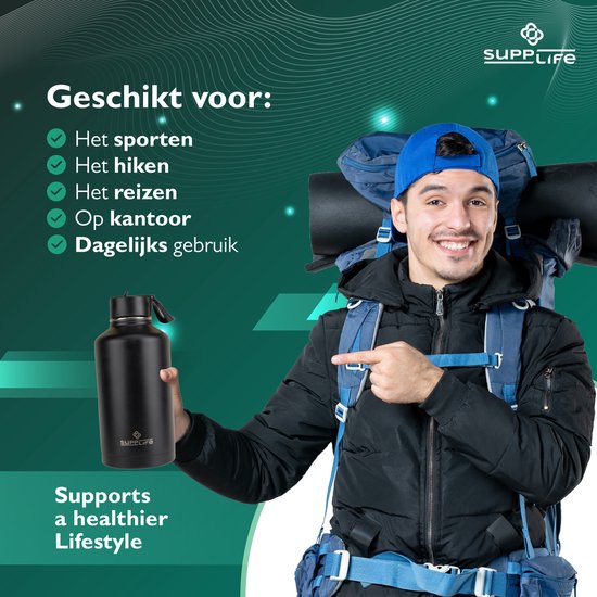 Bouteille isotherme Supplife Luxe en acier inoxydable, 2 litres - double paroi isolante - sans BPA et étanche