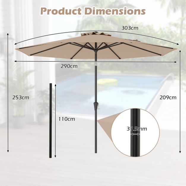Coast Terrace Parasol 303 cm Brown - Parasol inclinable avec manivelle et 8 balanciers double épaisseur pour le jardin, la terrasse et la piscine