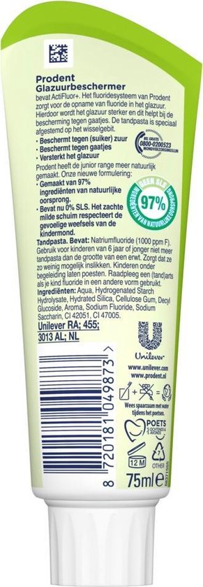Dentifrice Prodent Protecteur d'émail 75 ml - Enfants à partir de 6 ans - Dentifrice pour enfants
