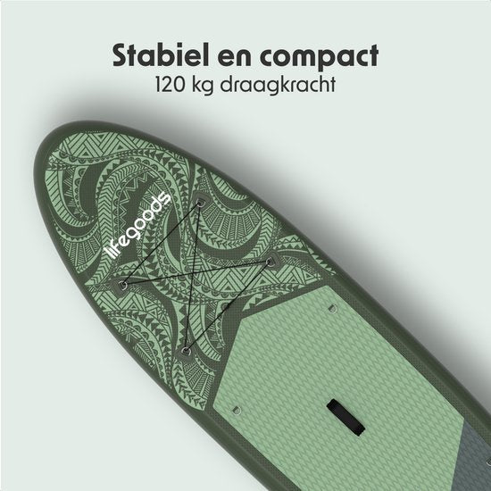 LifeGoods SUP Board All-round Compact - 100 KG Load Capacity - 300 x 76 cm - Inflatable - Complete SUP Package - Green/Leger Green