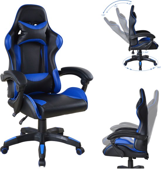 VDD Gaming - Fauteuil gaming - Fauteuil de jeu - Fauteuil gaming noir - Fauteuil gaming bleu - Fauteuil de bureau - Fauteuil de travail - Réglable - Ergonomique - Poids max. 120 kg