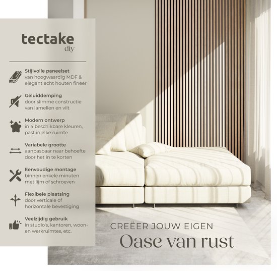 Panneaux acoustiques tectake® - Lot de 4 - Panneau mural acoustique - 60 x 120 cm - 2,88 m² - Panneaux muraux aux dimensions ajustables - Structure à lattes en MDF et placage de bois - Isolation acoustique - Décoration murale élégante - Montage facile - C