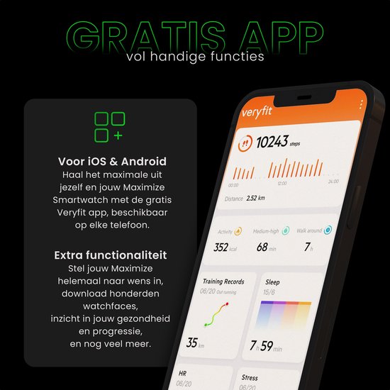 Maoo Maximize Smartwatch - Fonction Bell complète, moniteur de fréquence cardiaque, podomètre, multisport - Android & iOS - Noir