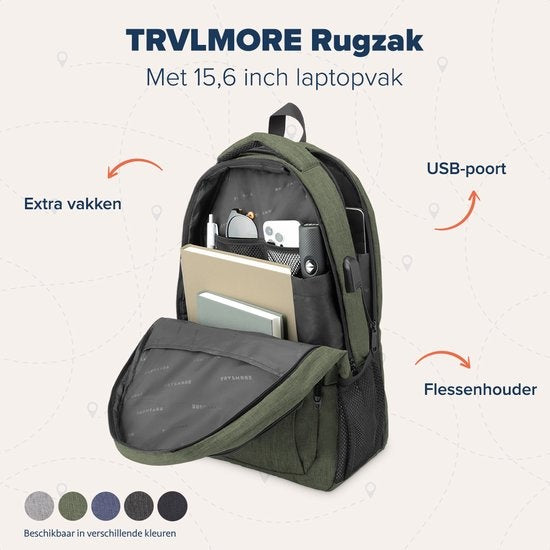TRVLMORE Sac à dos - 28L - 15.6 inch - Sac à dos pour ordinateur portable - Sac d'école - Unisexe - Vert résistant aux éclaboussures