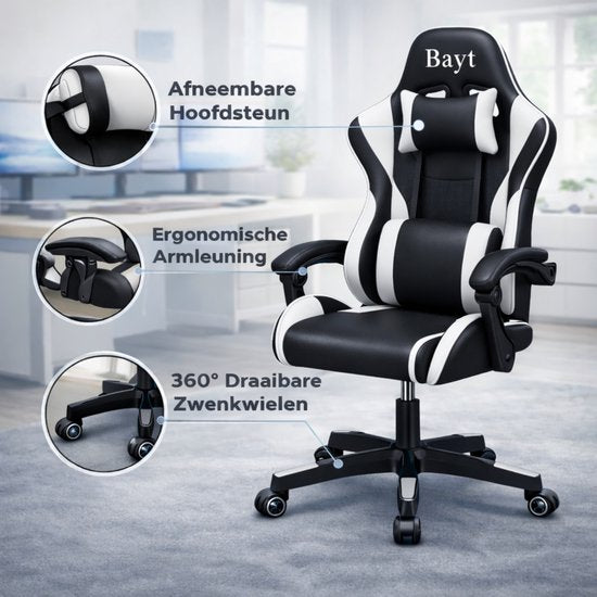 Bayt Chaise de jeu - Chaise de jeu - Chaise de jeu - Dossier réglable - Chaise de jeu confortable - Noir et blanc