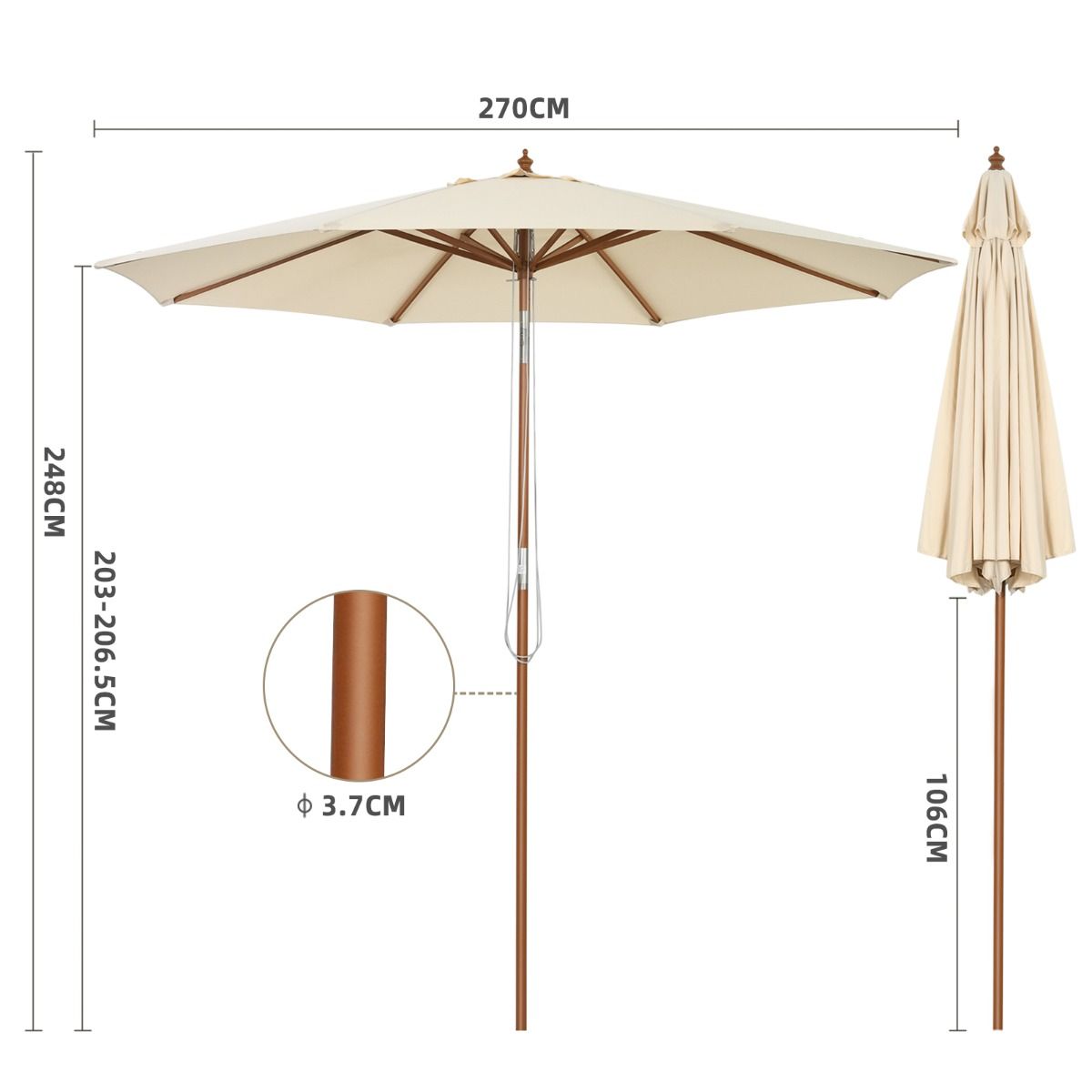 Parasol Coast avec 8 poteaux inclinables - Beige - 300 cm
