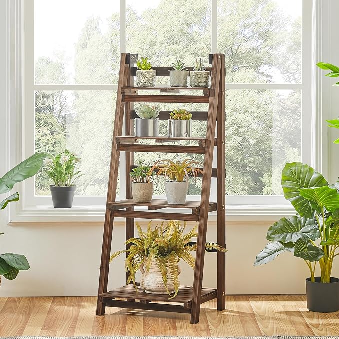 Yaheetech Étagère à plantes pliable à 4 niveaux - Marron - Étagère à fleurs en bois pour l'intérieur et l'extérieur