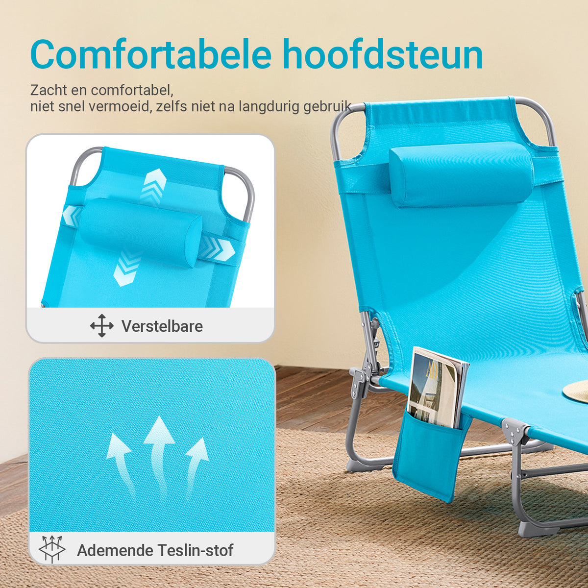 SoBuy Lounger Blue - Chaise longue de jardin pliable et ajustable avec appui-tête et sac de rangement - 57 x 72 x 14 cm replié