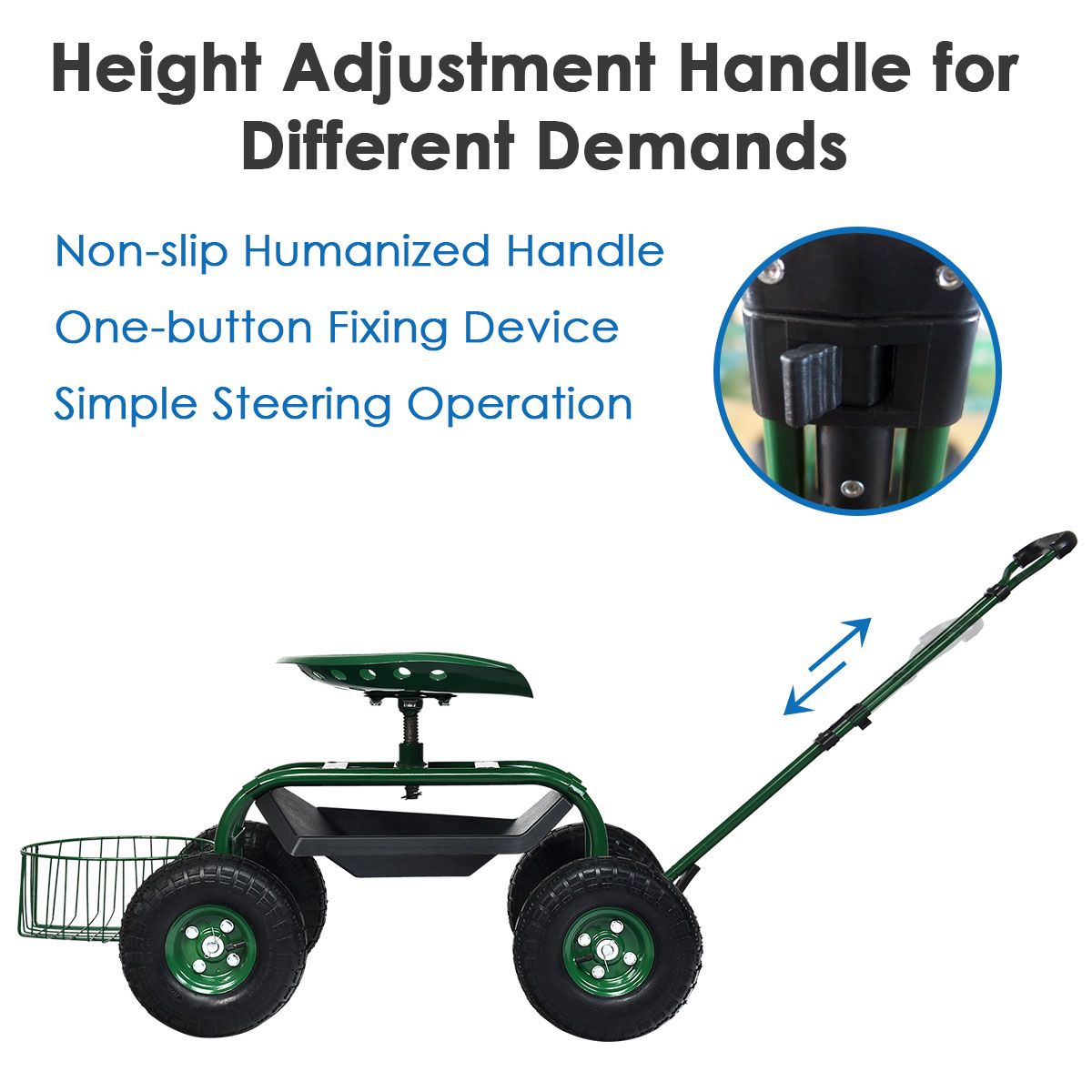 Chariot de jardin Coast avec poignée réglable - siège ergonomique - panier de rangement et bacs à outils - vert
