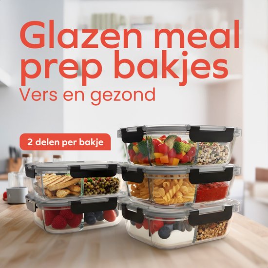 KitchenBrothers Meal Prep Trays Set - With Separation - Glass Food Storage Trays - Two Compartments - Airtight - BPA Free - Freezer Trays - Storage Trays - 5L - Glass - 5 Pieces