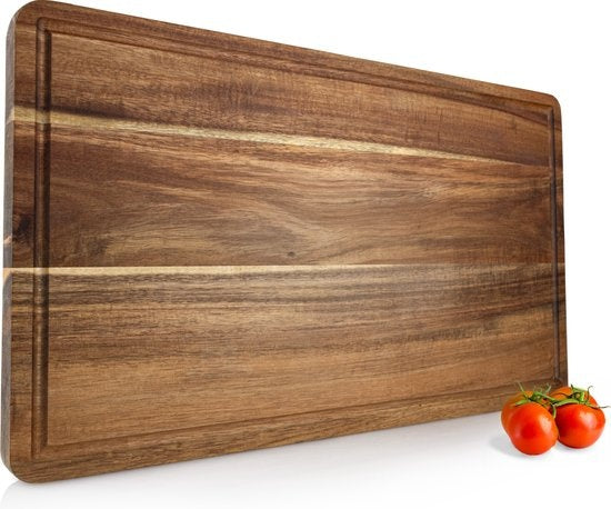 Nimma Planche à découper - Planche à boissons et à tapas - avec bac à jus - pour la cuisine - Bois d'acacia - Marron