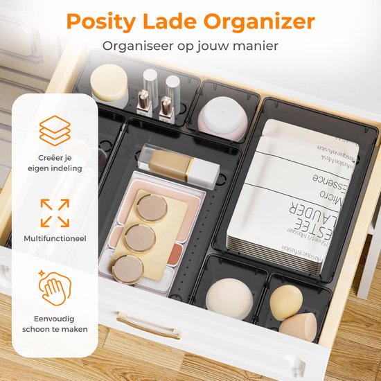Posity Organisateur de tiroirs - 16 pièces - plateaux d'organisation - plateaux de tiroirs - plateaux de stockage - organisateur de maquillage - pour la cuisine, la salle de bain et le bureau - plastique - noir transparent