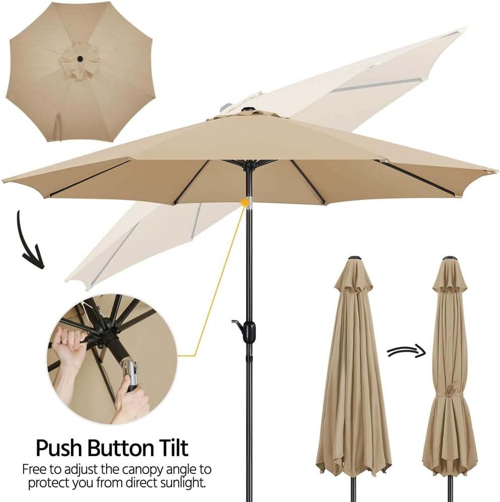 Parasol de jardin de 300 cm avec 8 baleines, manivelle et ouverture d'aération, couleur kaki