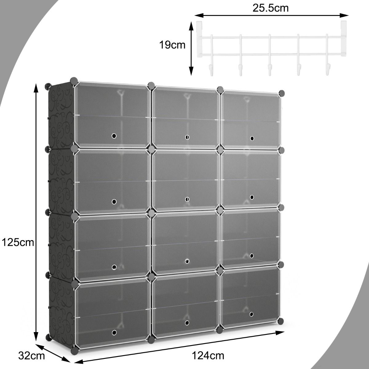 Armoire à chaussures Coast à 8 compartiments - étagère à chaussures réglable - pour 48 paires de chaussures - noire et translucide