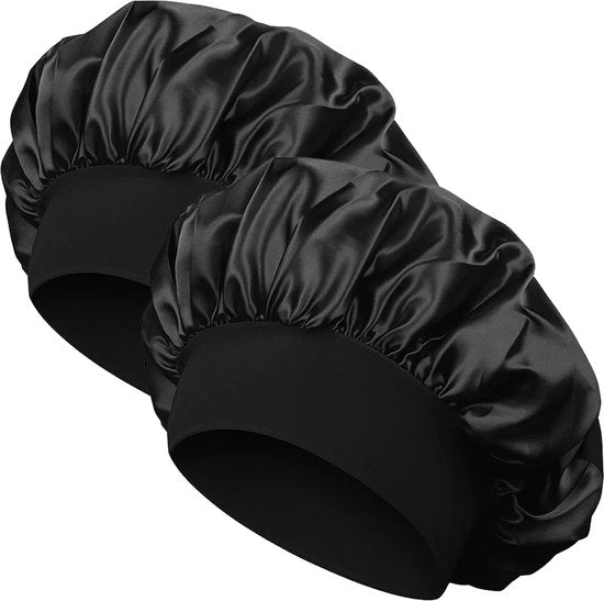 Nuvance Bonnet Satin - Lot de 2 pièces - Chapeau de nuit en satin réglable - Bonnet en satin - Unisexe - Noir