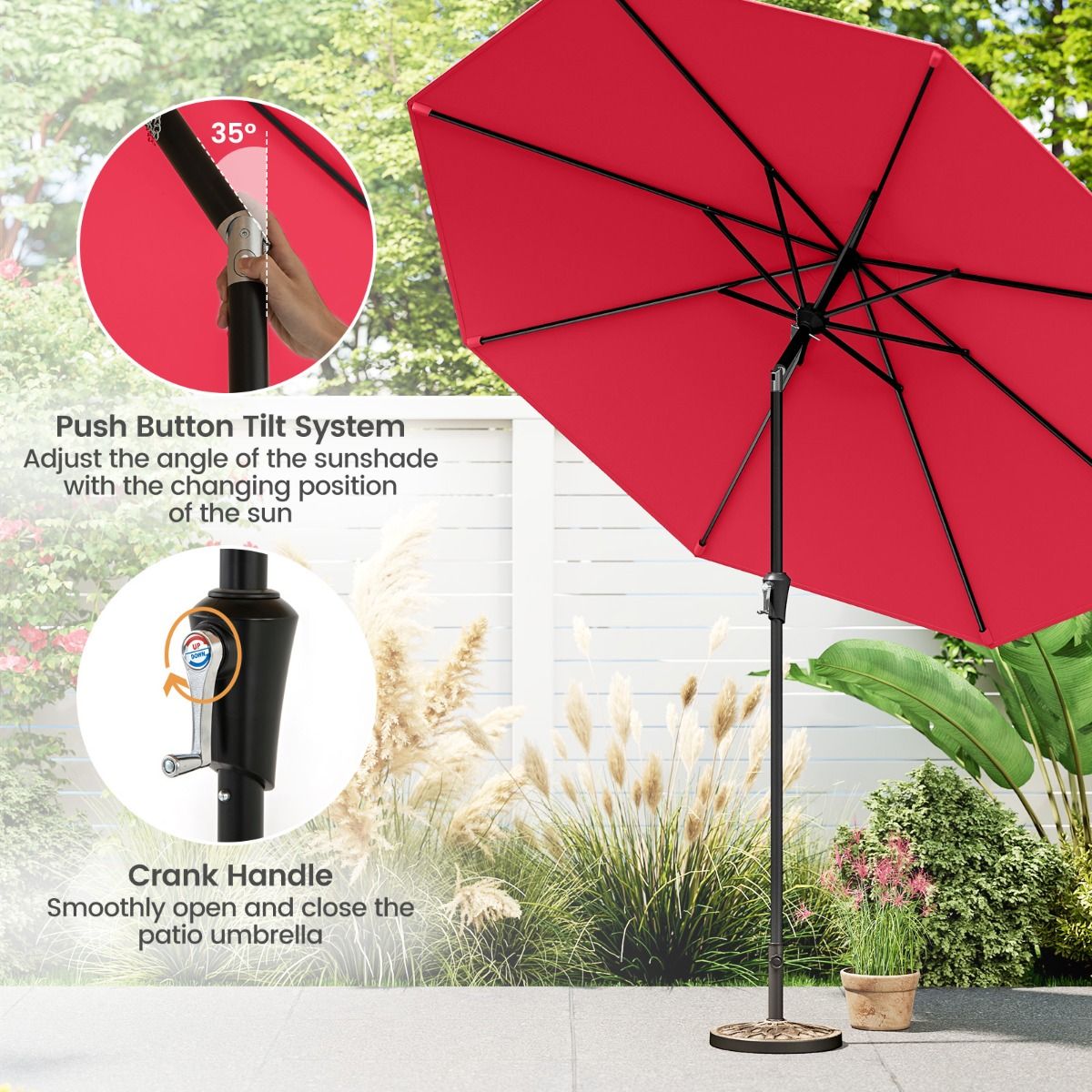 Coast Terrace Parasol 270 cm Wine Red - Grand parasol inclinable avec manivelle, protection UV et capot de parasol ventilé