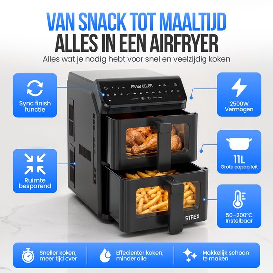 Strex Airfryer à double panier 11 L XXL, friteuse à air chaud 2 500 W - Airfryer à 2 paniers - Dual Basket - 13 programmes de cuisson - Grande friteuse à air chaud verticale pour toute la famille