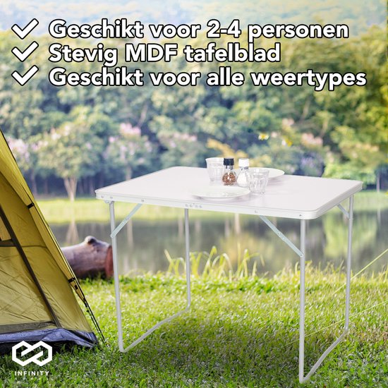 Infinity Goods Table de camping - Pliante - Table de jardin - 80x60x70 cm - Extérieur/intérieur - Poignée de transport - Compacte - Aluminium - Blanc