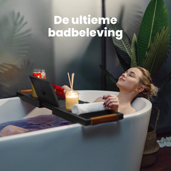 RelaxTub® Bathboard - Planche de bain pour la baignoire - Support de bain - Réglable - Antidérapant - Planche de bain noire - Planche de bain en bois - Support de bain avec porte-livre, porte-tablette et miroir