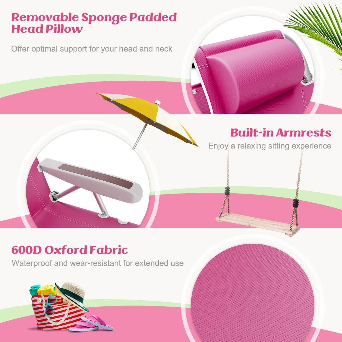 Coast Beach Chair Chaise longue pliable à dossier réglable en 5 positions avec porte-gobelet et compartiments de rangement Rose 66x65x78 cm - 2 pièces