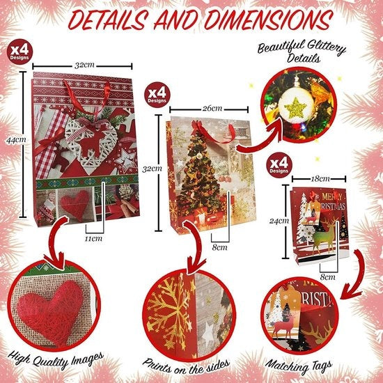 Assortiment de 12 sacs cadeaux de Noël avec poignées en corde et étiquettes cadeaux assorties - 4 grands (31 x 40 cm), 4 moyens (26 x 32 cm) et 4 petits (18 x 24 cm)