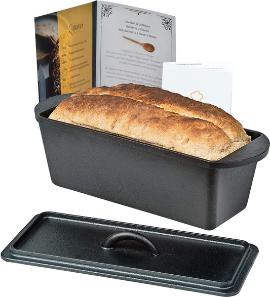 Chefarone Gietijzeren Broodvorm – Broodbakvorm – Bakvorm - Cakevorm Rechthoek - Ambacht Brood Bakken uit eigen Oven– Inclusief Deksel, Spatel en Rijsmand - 35 x 13,5 x 12,5 cm