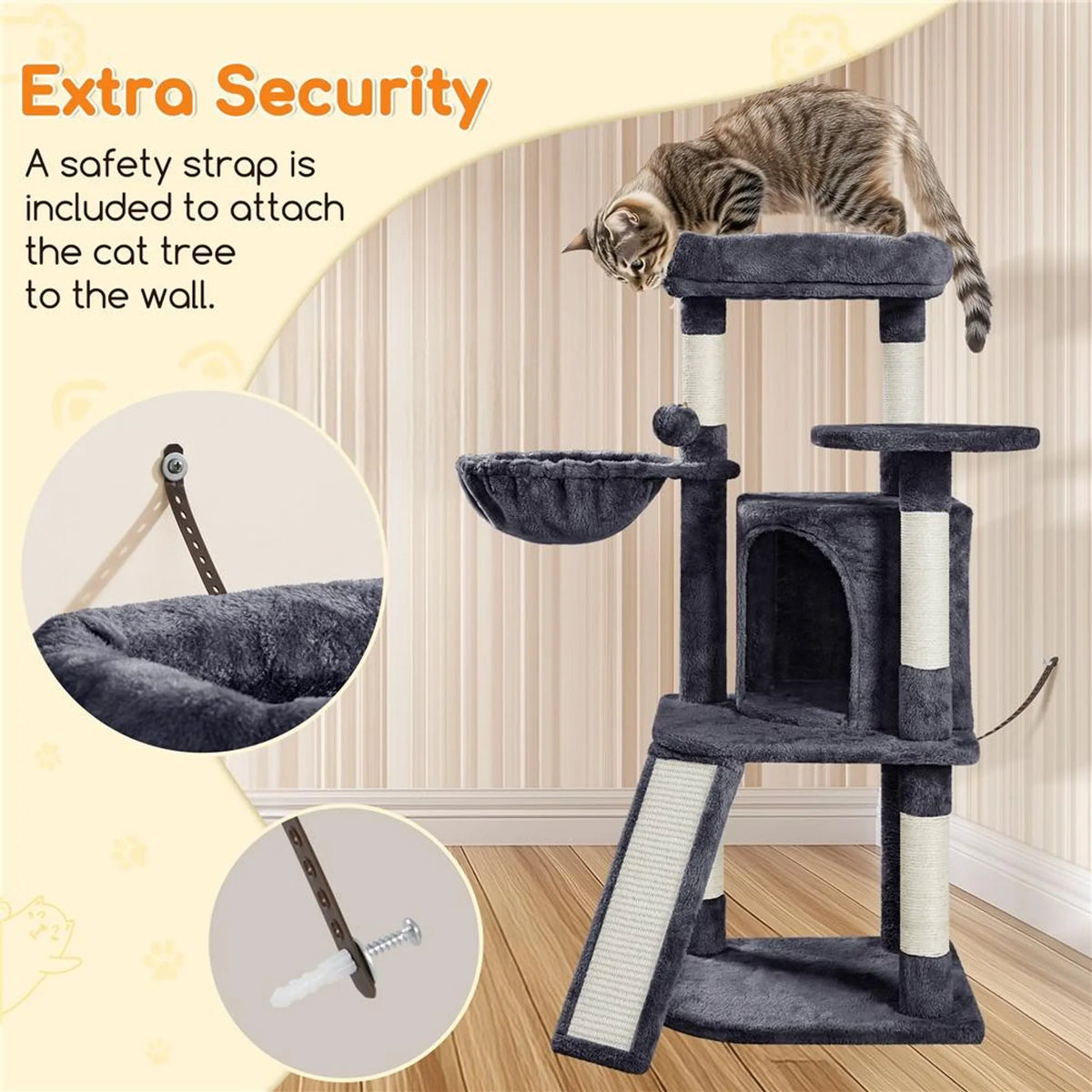 Yaheetech Cat Post With 5 Sisal Poles - Equipped With Padded Viewing Platform And Hammock And Cat Burrow - For 2 To 3 Small And Medium Cats - Dark Grey Plush And Metal - 43,5 x 43,5 x 106 cm
