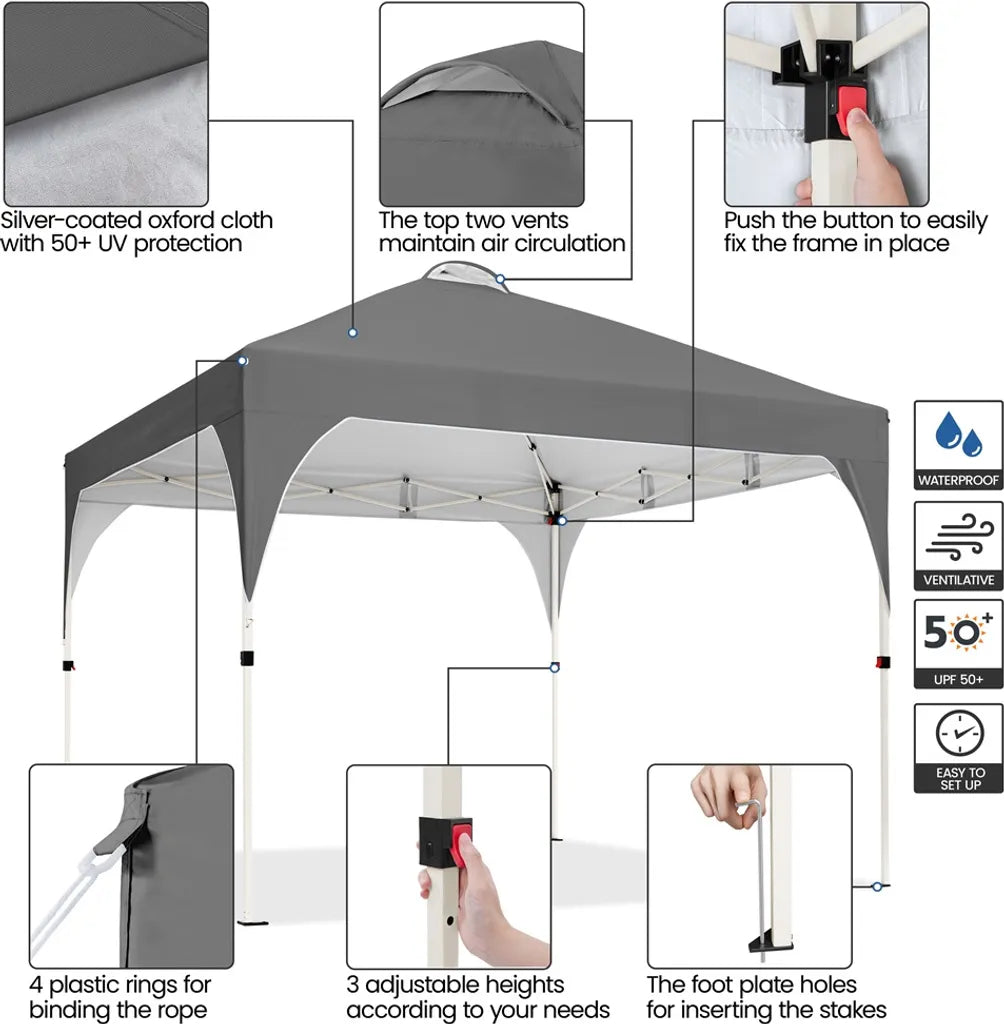 Tente de fête pliable Yaheetech - 3 x 3 m - Hauteur réglable - Sac de transport à roulettes - Gris foncé