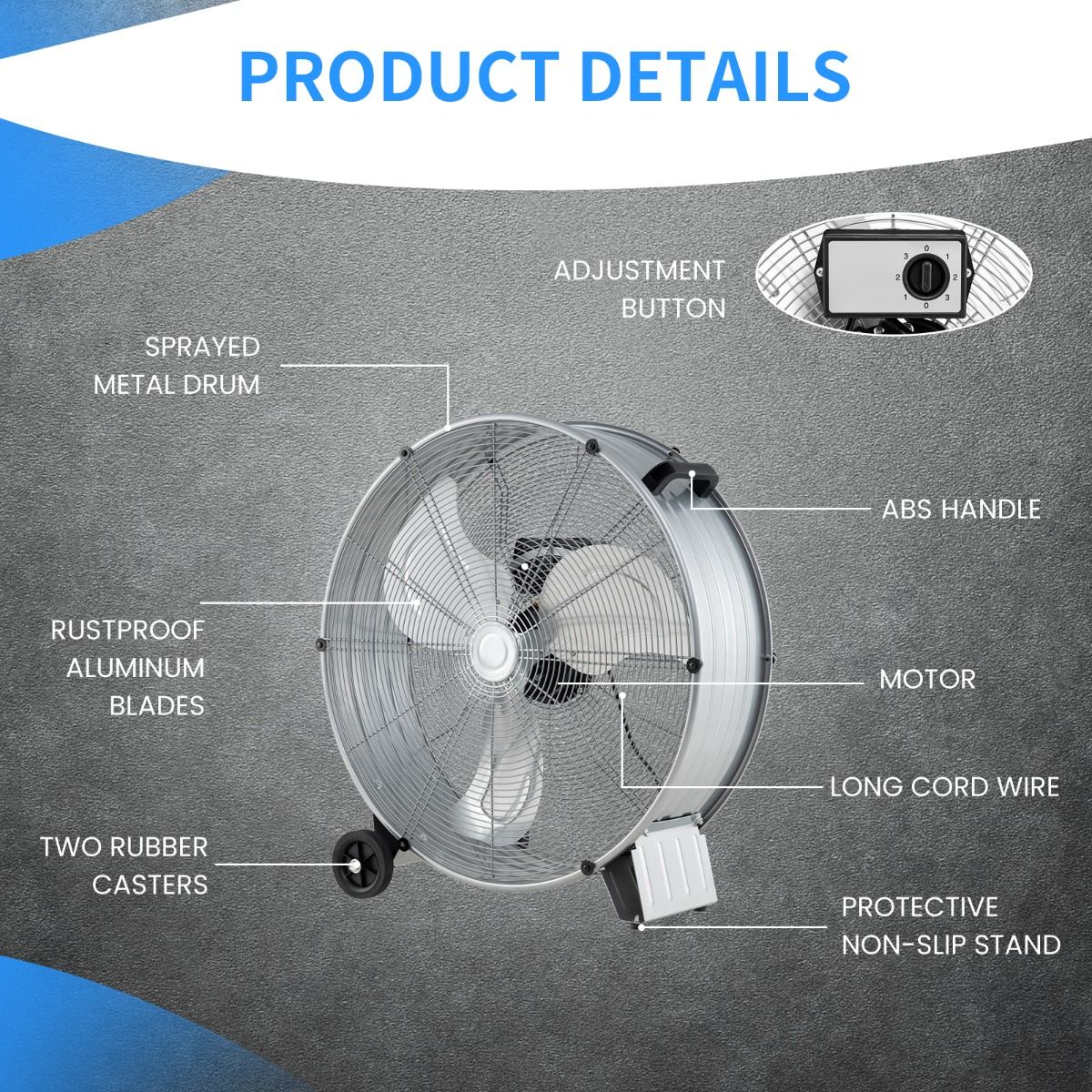 Coast Ventilateur industriel à tambour - 3 vitesses, 180W, Max. 1300 CFM - 65 x 37 x 67 cm - Acier/Aluminium - Argent