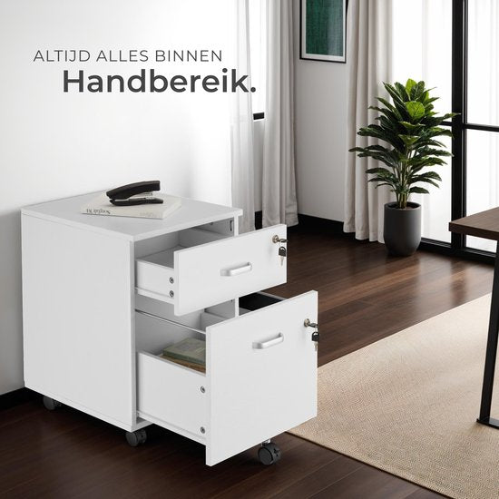 tectake® Meuble à tiroirs - Avec 2 tiroirs verrouillables, roulettes verrouillables - Meuble à roulettes - Organisateur - Parfait pour un lieu de travail organisé - Bureau, bureau d'étude, home office - Blanc