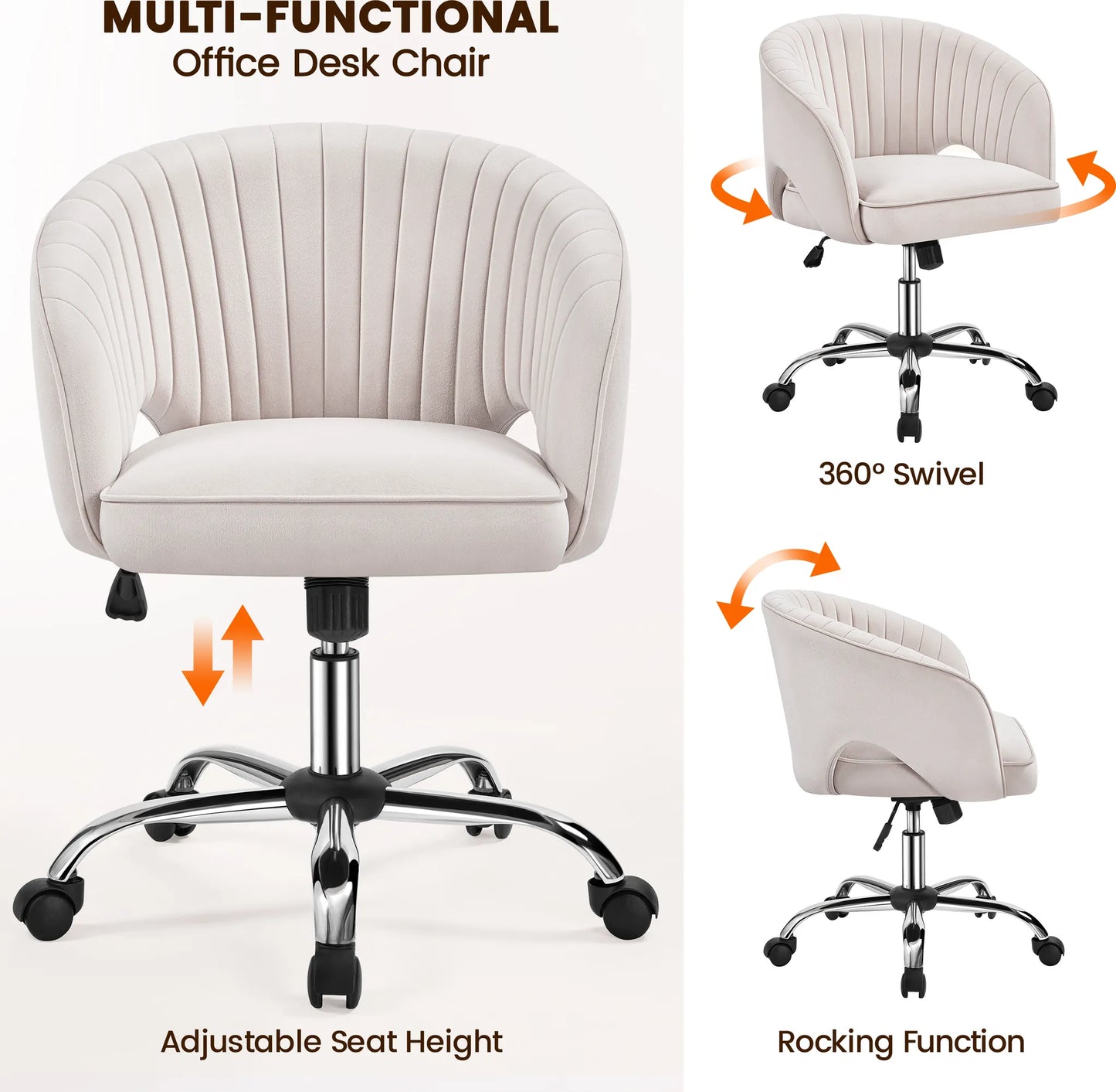 Yaheetech Chaise de bureau à bascule - Hauteur réglable par vérin à gaz, roues pivotantes à 360° et motif vertical - Pour bureau et salle de réception - Velours blanc crème et métal - 60 x 56.5 x 73-83 cm
