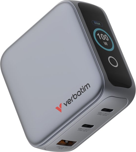 Chargeur Verbatim Mini Gan 100 W, 2 ports USB-C, 1 port USB-A, QC, pour Apple MacBook et iPhone