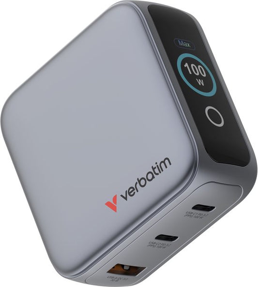 Chargeur Verbatim Mini Gan 100 W, 2 ports USB-C, 1 port USB-A, QC, pour Apple MacBook et iPhone