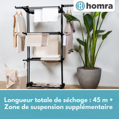 Etendoir à linge - Homra - 4 niveaux - Pliant - 77x50x170cm - Noir