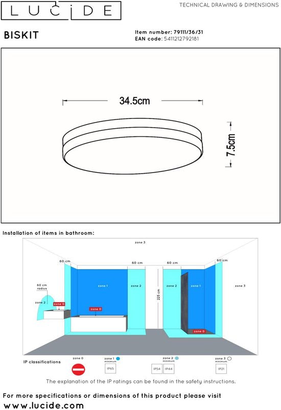 Lucide BISKIT - Plafonnier (lampe de plafond) pour salle de bains - Ø 34,5 cm - LED - 1x24 W 2700 K - IP44 - Détecteur de mouvement - Blanc