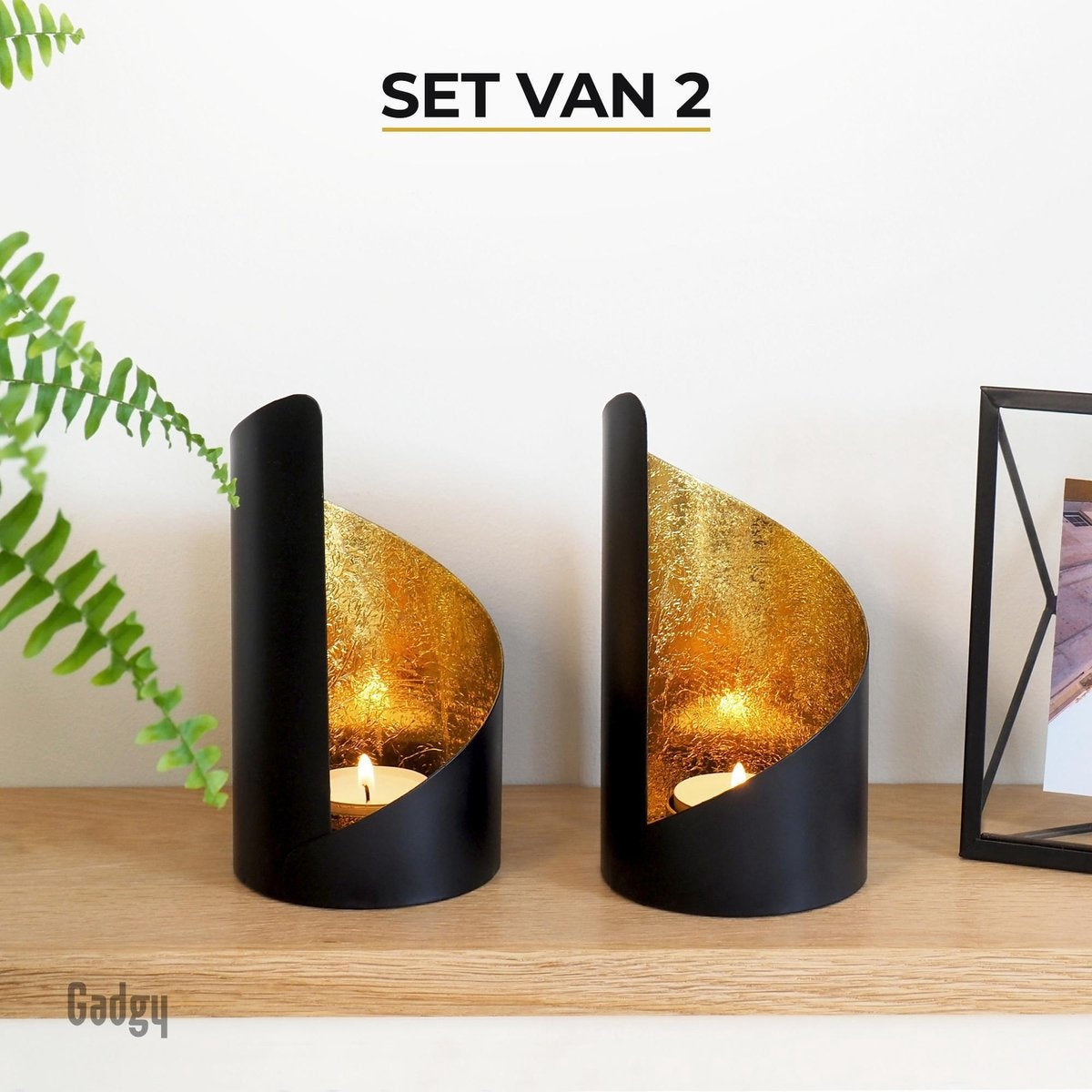 Gadgy Porte-lampes Twist - Lot de 2 - 16 x Ø8,5 cm - Porte-lampes - lampe à vent - noir / or - métal