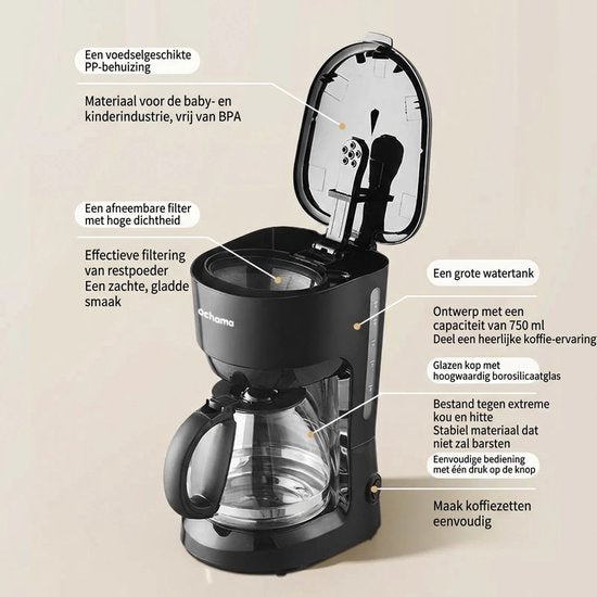 Cafetière à filtre Ochama, cafetière compacte entièrement automatique, mini-cafetière pour la maison et le bureau, avec carafe à café incluse