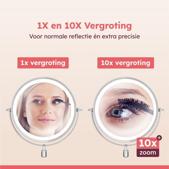 Fraay® Miroir de maquillage avec éclairage LED - grossissement 10x - Miroir grossissant avec lumière - rechargeable - Miroir de rasage - Miroir de salle de bain - Chrome