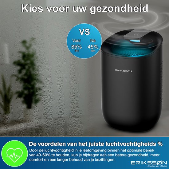 Déshumidificateur Erikssøn Dry Pro - Déshumidifie jusqu'à 0,6 litre par jour - noir