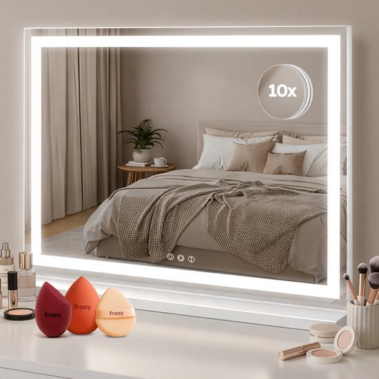 Fraay® Hollywood Mirror with Lighting 60x50cm - 3 Light Stages - Make-up Mirror with 10x Magnification Mirror - LED Strip Lighting Dimmable - Incl. 2 Beauty Blenders and Powder puff